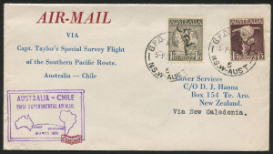 Australia: Aerophilately & Flight Covers: 14 March 1951 (AAMC.1271a) Australia - New Caledonia flown cover, carried by Captain P.G. Taylor on his Special Survey Flight from Australia to Chile in his Catalina "Frigate Bird II"; backstamped NOUMEA. Cat.$200.