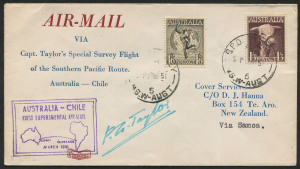 Australia: Aerophilately & Flight Covers: 14 March 1951 (AAMC.1271c) Australia - Samoa flown cover, carried by Captain P.G. Taylor on his Special Survey Flight from Australia to Chile in his Catalina "Frigate Bird II"; backstamped APIA. Unusually, signed by the pilot and extremely scarce thus. Cat.$200+.