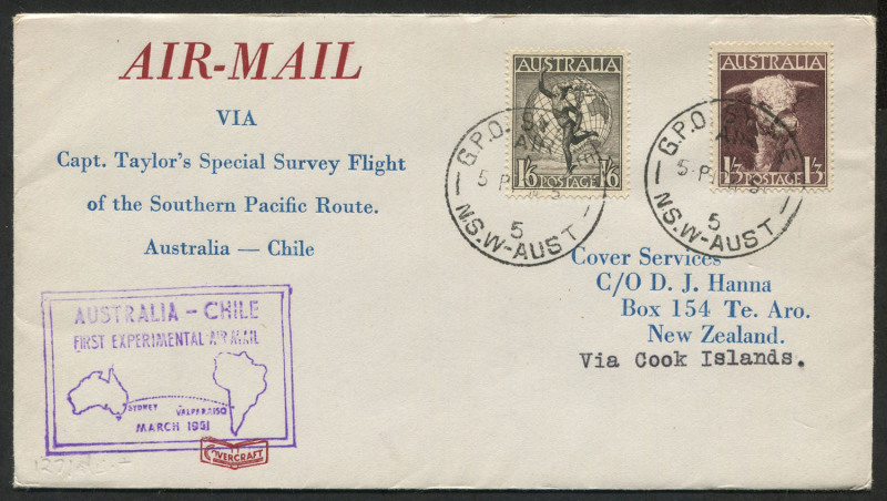 Australia: Aerophilately & Flight Covers: 14 March 1951 (AAMC.1271d) Australia - Cook Islands flown cover, carried by Captain P.G. Taylor on his Special Survey Flight from Australia to Chile in his Catalina "Frigate Bird II"; backstamped AITUTAKI. Cat.$20