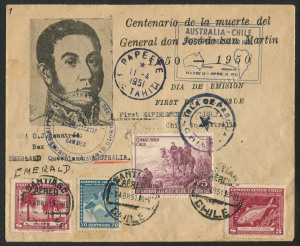 Australia: Aerophilately & Flight Covers: 6 April 1951 (AAMC.1270a) Chile - Australia flown cover, carried by Captain P.G. Taylor on his Special Survey Flight of the South Pacific route with intermediate cancellations at Easter Island, Tahiti, French Polynesia and Fiji. Cat.$250. The return flight is rarely seen.