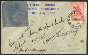 Australia: Aerophilately & Flight Covers: The Last Flight of the "Southern Cross" 18 July 1935 (AAMC.515) a cover (#30) carried from Mascot to Richmond, with special vignette showing the route the aeroplane had followed around the world; signed by Charles Kingsford Smith, Mary Kingsford Smith, P.G. Taylor, John Stannage and all other personnel on board.