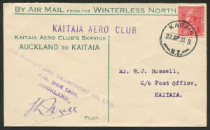 NEW ZEALAND - Aerophilately & Flight Covers: 27 April 1931 Auckland - Kaitaia flown cover, carried for the Kaitaia Aro Club by pilot F.D.Mill. Airmail Society h/stamp on reverse.