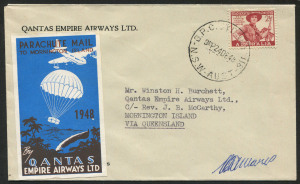 Australia: Aerophilately & Flight Covers: 24 Dec. 1948 (AAMC.1199) Sydney - Mornington Island QANTAS parachute mail flown cover, carried and signed by Captain R.D. Meares with the special blue vignette affixed. Signed on reverse by the G.W. Taylor, superintendent.