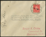 NEW GUINEA - Aerophilately & Flight Covers: 31 July 1937 (AAMC.P147) Melbourne - WAU (New Guinea) flown cover, carried and signed by Ray Paper on his Boeing 40 Biplane VH-ADX delivery flight. Very small mail carried, believed to be no more than 6 items.