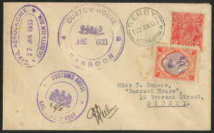 Australia: Aerophilately & Flight Covers: 21 June 1933 (AAMC.313a) Australia - Karachi flown cover, carried and signed by Charles Ulm on the "Faith in Australia" flight to England, which was intended to be an Around-the-World attempt. [See also BEA.33.11c