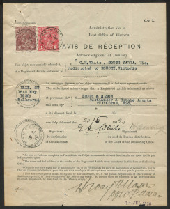 Australia: Postal History: 1920 (May 18) Victorian Avis De Reception form Melbourne to South Yarra, redirected to Romsey with KGV 1½d brown & 1d red tied by 'ROMSEY' returning office datestamps, form with some tears along folds, quite fine overall.