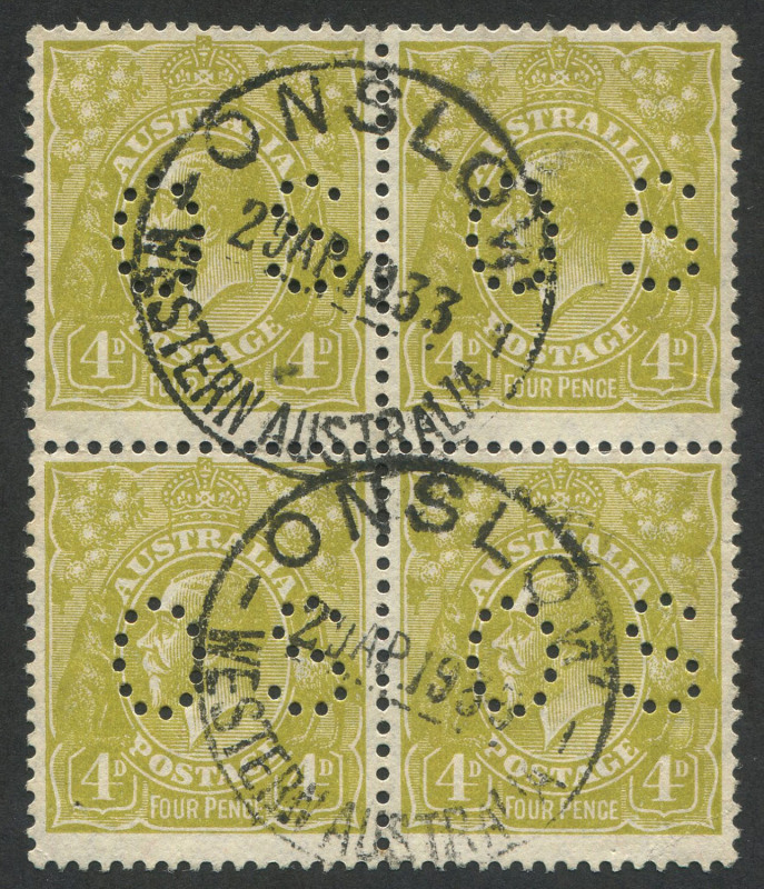 Australia: KGV Heads - Small Multiple Watermark Perf 13½ x 12½: 1929 (SG.129) 4d Olive KGV perf.13½x12½, perforated OS in a superb FU block (4) with fine ONSLOW W.A. datestamps.