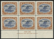 PAPUA: 1931 (SG.121) "TWO PENCE" on 1&frac12;d cobalt & light brown, Ash Imprint block (6) superb MUH.