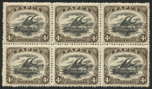 PAPUA: 1910 (SG.79,79a) Large PAPUA perf.12.5, 4d black & sepia, block (6); top left unit with "Deformed d at left" variety [pos.18], MUH/MVLH. Cat.£290+.