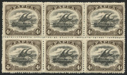 PAPUA: 1910 (SG.79,79a) Large PAPUA perf.12.5, 4d black & sepia, block (6); top left unit with "Deformed d at left" variety [pos.18], MUH/MVLH. Cat.&pound;290+.