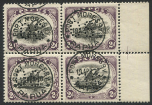 PAPUA: OFFICIALS: 1910 (SG.016) Small PAPUA, perf.11, wmk sideways, 2d black & purple, block (4), fresh CTO with full gum, being positions 14, 15 & 19, 20 with significant varieties including "white leaves at right".