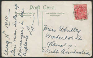 GREAT BRITAIN - Postal History: 1910 Scottish International Aviation Meeting Lanark: 1910 postcard depicting "Springbank Farm, Aviation Ground, Lanark" with vignettes of Captain Bertram Dickson and his aeroplane, franked on reverse KEVII 1d tied by "LANARK GRAND STAND" cds of AUG.12. (A very rare postmark.)