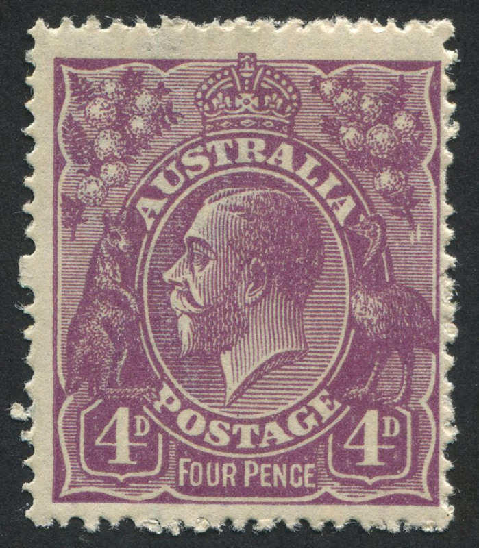 Australia: KGV Heads - Single Watermark: 1921 (SG.64) 4d Violet KGV Single wmk, with variety "Horned emu, and two scratches under right wattles", fresh Mint. BW.111(2)t - $175.