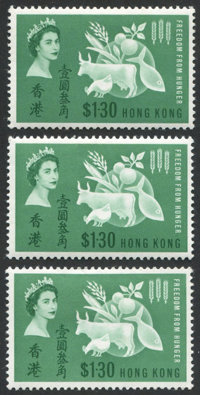 HONG KONG: 1963 (SG.211) $1.30 Freedom from Hunger, (3) singles. Mint.