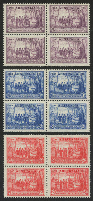 Australia: Other Pre-Decimals: AUSTRALIA: 1937 (SG.193-95) 2d, 3d & 9d NSW Sesquicentenary set in lovely blocks of 4, fresh MUH. (12).