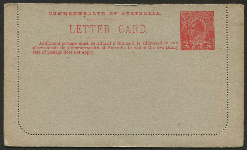 Australia: Postal Stationery - Letter Cards:1922-23 (BW:LC47/102B) 2d Red KGV Sideface Design P12½ on Unsurfaced Grey Card "Pineapple (pickers)" illustration, minor tear at base and stuck down, otherwise fine unused, Cat $250.