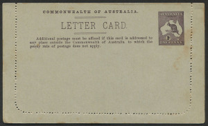 Australia: Postal Stationery - Letter Cards:1913-14 (BW:LC14/84E) 1d Kangaroo Design Original Die Perf 10 in purple brown, "Mt.Lofty Ranges, South Australia" (unframed oval, no sky) illustration, few light tones, unused, Cat. $150.