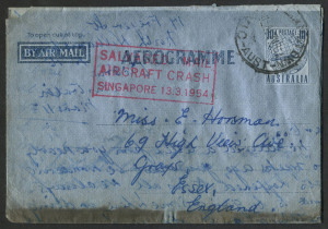 Australia: Aerophilately & Flight Covers: 13 March 1954 (AAMC.1337) use of 10d Plane & Globe aerogramme from Williamston (Vic) to England with very fine strike of "SALVAGED MAIL/AIRCRAFT CRASH/SINGAPORE 13.3.1954" boxed handstamp in red, applied following the crash of the BOAC Constellation G-ALAM at Singapore.