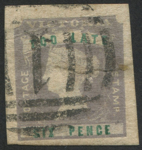 VICTORIA: 1854-55 (SG.33) 6d 'TOO LATE' lilac & green, couple of flattened wrinkles, complete balanced margins. Presents well, Cat. £250