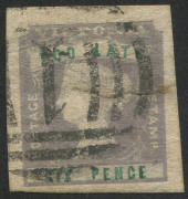 VICTORIA: 1854-55 (SG.33) 6d 'TOO LATE' lilac & green, couple of flattened wrinkles, complete balanced margins. Presents well, Cat. &pound;250