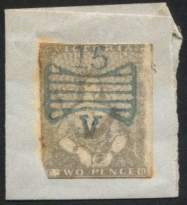 VICTORIA: 1850-53 (SG.10) Half Lengths Third State of Dies - Frame Lines Added - 2d grey (round lower-left corner, toning left edge) on small piece cancelled by fine strike of Butterfly '15' cancel of Geelong in blue, Cat £200.