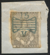 VICTORIA: 1850-53 (SG.10) Half Lengths Third State of Dies - Frame Lines Added - 2d grey (round lower-left corner, toning left edge) on small piece cancelled by fine strike of Butterfly '15' cancel of Geelong in blue, Cat &pound;200.