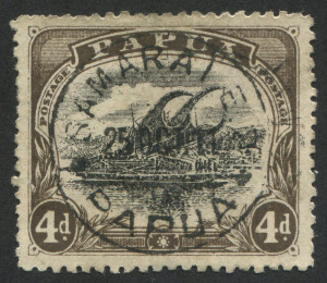 PAPUA: 1910 (SG.79) Large PAPUA perf.12.5, 4d black & sepia "Widened eye of d at left" variety [pos.27], fine used with SAMARAI '25OCT11' datestamp.