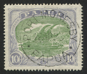 PAPUA: 1916-31 (SG.105) 10/- green amd pale ultramarine Lakatoi, VFU with PORT MORESBY datestamp, Cat.£190.