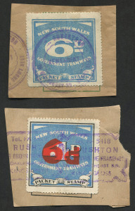 NEW SOUTH WALES: Government Tramways: 1937-49 6d blue and 6d (in red) on 4d blue, both on piece with retail newsagent cancellations, Elsmore Online Cat.$120. (2)