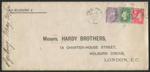 NEW SOUTH WALES - Postal History: 1895 (May 20) printed commercial cover to Hardy Brothers (London) with attractive 10d tri-colour franking tied by Sydney duplex cancel, London arrival backstamp.
