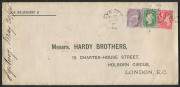 NEW SOUTH WALES - Postal History: 1895 (May 20) printed commercial cover to Hardy Brothers (London) with attractive 10d tri-colour franking tied by Sydney duplex cancel, London arrival backstamp.