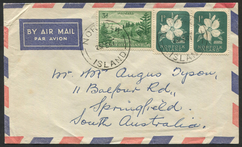 NORFOLK ISLAND: Postal History: 1961 (Feb.23) airmail cover to Springfield,South Australia with 3d emerald Ball Bay (rare on cover) & 1d Hibiscus pair tied by unusually fine strikes of NORFOLK ISLAND datestamps.