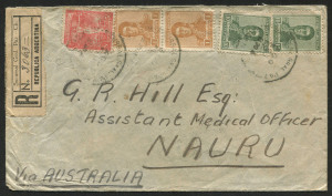 NAURU: Postal History: 1922 (Aug) inwards registered cover from Argentina endorsed "Via Australia" to "Assistant Medical Officer/Nauru" with 27c franking tied by 'SUCURSAL GRAL' datestamp, backstamped with BUENOS AIRES departure (Aug.25), ADELAIDE (Oct.22) & SYDNEY transits (Oct.23), but without Nauru arrival datestamp. Scarce inwards mail from an unusual origin.