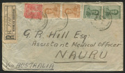 NAURU: Postal History: 1922 (Aug) inwards registered cover from Argentina endorsed "Via Australia" to "Assistant Medical Officer/Nauru" with 27c franking tied by 'SUCURSAL GRAL' datestamp, backstamped with BUENOS AIRES departure (Aug.25), ADELAIDE (Oct.22