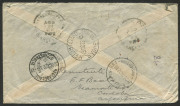 NAURU: Postal History: 1922 (Aug) inwards registered cover from Argentina endorsed "Via Australia" to "Assistant Medical Officer/Nauru" with 27c franking tied by 'SUCURSAL GRAL' datestamp, backstamped with BUENOS AIRES departure (Aug.25), ADELAIDE (Oct.22 - 2