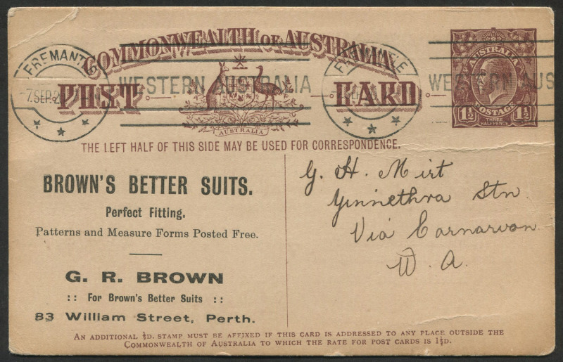 Australia: Postal Stationery - Postal Cards: 1919-20 (BW:P51) 1½d Brown KGV Sideface - Two-Line Footnote 1920 (Sep.7) postally used from Fremantle to remote Yinnietharra Station (via Carnarvon) with printed advertisement on face for "Brown's Better Suits"