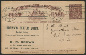 Australia: Postal Stationery - Postal Cards: 1919-20 (BW:P51) 1½d Brown KGV Sideface - Two-Line Footnote 1920 (Sep.7) postally used from Fremantle to remote Yinnietharra Station (via Carnarvon) with printed advertisement on face for "Brown's Better Suits"