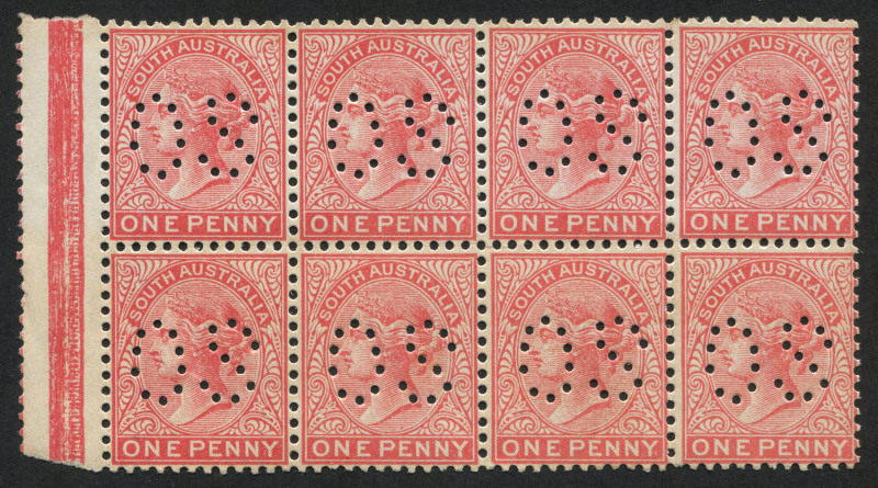 SOUTH AUSTRALIA: 1905-12 (SG.294) 1d rosine perf 'OS' marginal block of 8, uniform gum tone, seven units MUH, BW:S5A - Cat $80+.