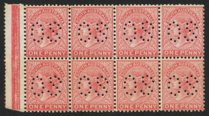 SOUTH AUSTRALIA: 1905-12 (SG.294) 1d rosine perf 'OS' marginal block of 8, uniform gum tone, seven units MUH, BW:S5A - Cat $80+.