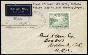 4 Jan.1940 (AAMC.P150) Goilala Police Camp - Port Moresby cover, flown and signed by Tommy O'Dea for Guinea Airways. This was the first airmail flight from the camp. Ex Ray Kelly. Cat.$400.