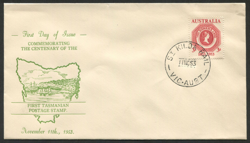 Australia: First Day & Commemorative Covers: 11 Nov.1953:3d Van Diemen's Land Stamp on unaddressed HASLEM (green) FDC from ST.KILDA RAIL.