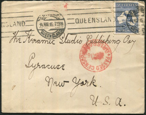 Australia: Kangaroos - Second Watermark: Mar.1916 usage of Second Wmk 2½d Indigo Kangaroo on censored cover from BRISBANE to NEW YORK.