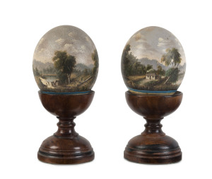 ALFRED WILLIAM EUSTACE (1820-1907) pair of bush scenes oil paint on ostrich eggs signed "A.W. Eustace" lower margin