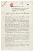 Mount Copeland Gold Mining Company 1912 lease of land in the N.S.W. Hunter & Macleay Mining District (Newcastle), signed by N.S.W. Governor, Frederic John Napier Thesiger, 1st Viscount Chelmsford, with a small hand-drawn map showing the relevant piece of