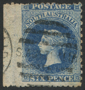 SOUTH AUSTRALIA: 1876-1900 (SG.141) Broad Star P10x11½-12½ 6d bright ultramarine "Imperforate between stamp and margin at left", some mild tone on reverse, fine used.