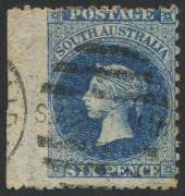 SOUTH AUSTRALIA: 1876-1900 (SG.141) Broad Star P10x11&frac12;-12&frac12; 6d bright ultramarine "Imperforate between stamp and margin at left", some mild tone on reverse, fine used.