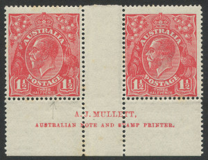 Australia: KGV Heads - Single Watermark: 1924-26 (SG.77) Single Wmk 1½d red Mullet Plate 25 imprint pair, MUH, BW:89(25)z - Cat. $375 (as a block of 4).