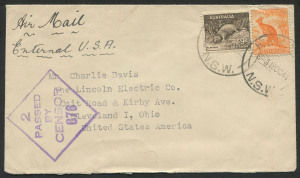 Australia: Postal History: 1944 (Oct 18) censored cover from Kembla to USA with 9½d franking paying 9d rate for "Air Mair in USA only" plus ½d War Tax, complete red on white handstamped censor label on reverse, fine condition.