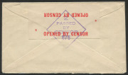 Australia: Postal History: 1944 (Oct 18) censored cover from Kembla to USA with 9&frac12;d franking paying 9d rate for "Air Mair in USA only" plus &frac12;d War Tax, complete red on white handstamped censor label on reverse, fine condition. - 2