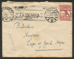 Australia: Kangaroos - First Watermark: 1913-14 (SG.2) 1d Red Die I variety "White scratch in Bight" [L24] BW:2(B)e on 1913 (Feb.27) cover from Hobart to Cape of Good Hope, cover with some aging.